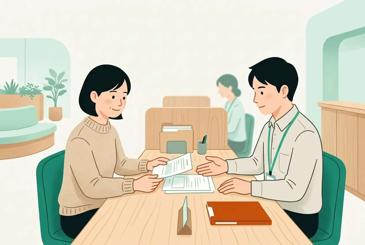 ハローワークの窓口で、書類を職員に見せながら相談する女性