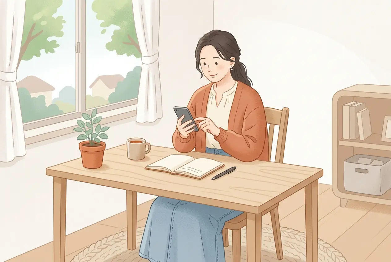 自宅の机で、辞めた会社に送る催促のメールをスマートフォンで書いている女性