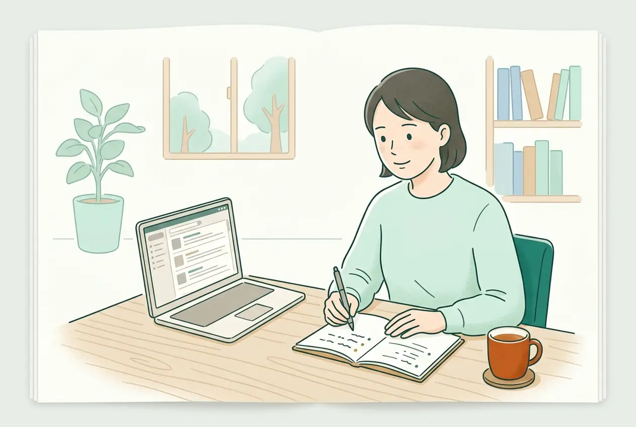 ノートパソコンの前で求人を見比べながら、メモに希望の条件を書き出している女性