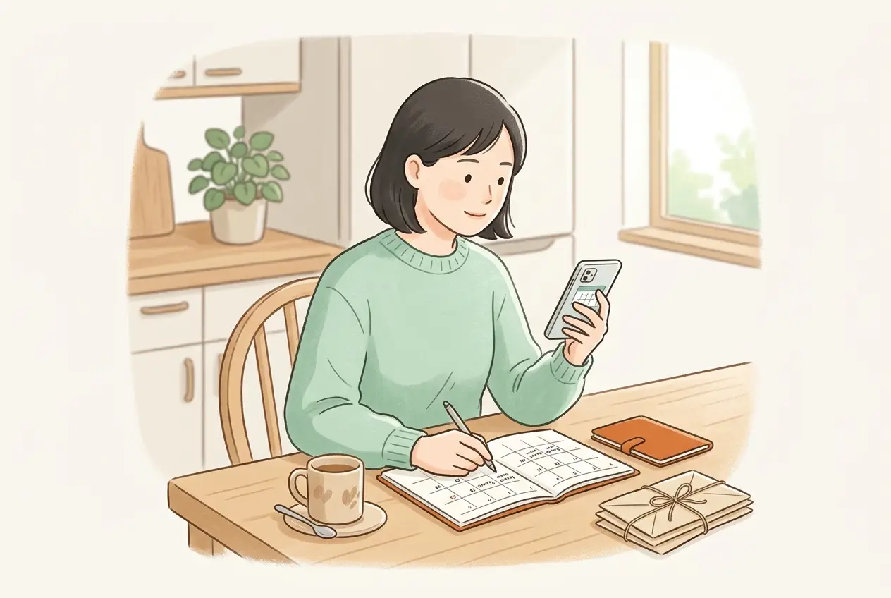 台所のテーブルでスマートフォンの画面を見ながら、手帳に退職後の予定を書き込む30代の女性