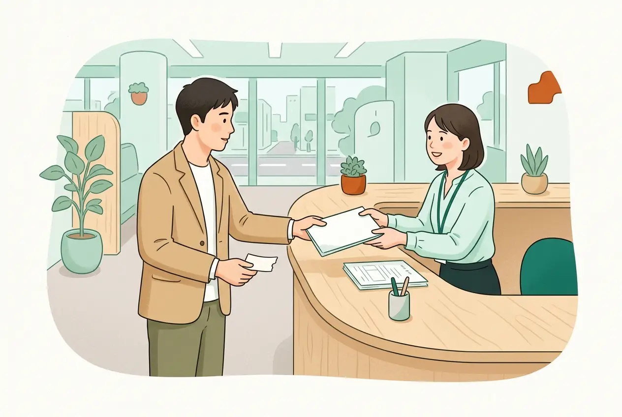 市区町村の窓口で、書類を職員に渡しながら説明を聞く30代の男性