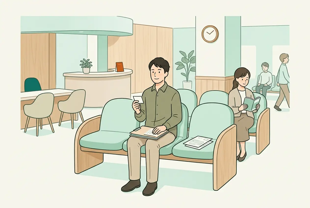 ハローワークの相談窓口で、番号札を持って順番を待つ30代の男性