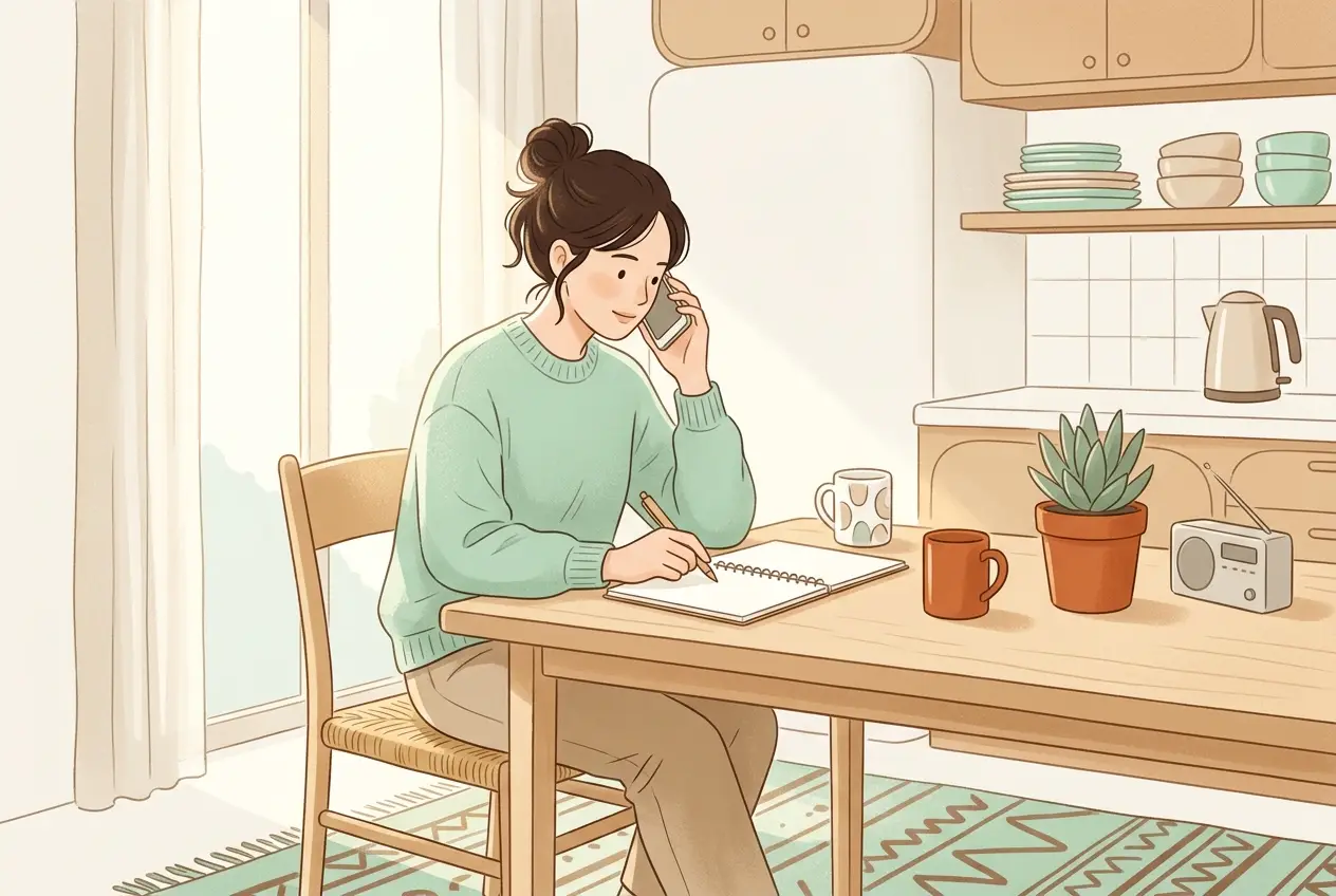 自宅のテーブルでノートを見ながら、配偶者の勤務先に電話をかけている30代の女性