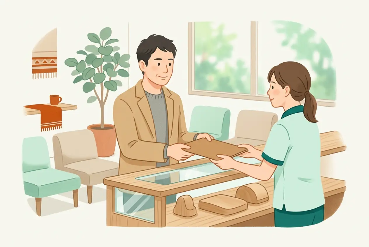 市区町村の窓口で、書類を職員に手渡している40代の男性