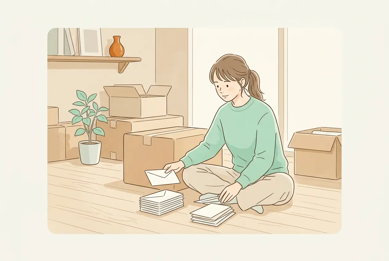 引っ越し前の部屋で、段ボールの横に座って健康保険の書類を確かめている女性