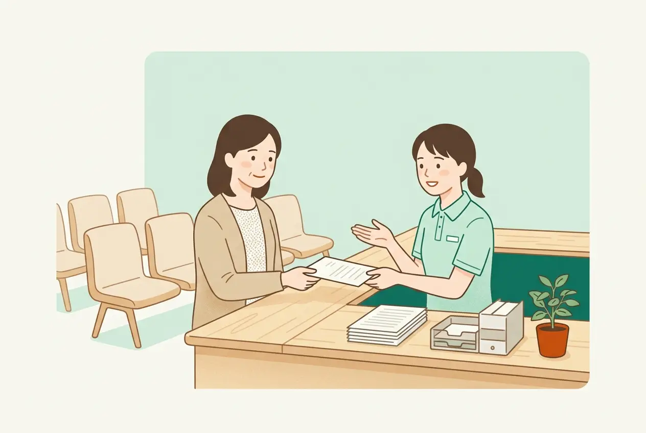 市区町村の窓口で、書類を出しながら職員の説明を聞いている30代の女性