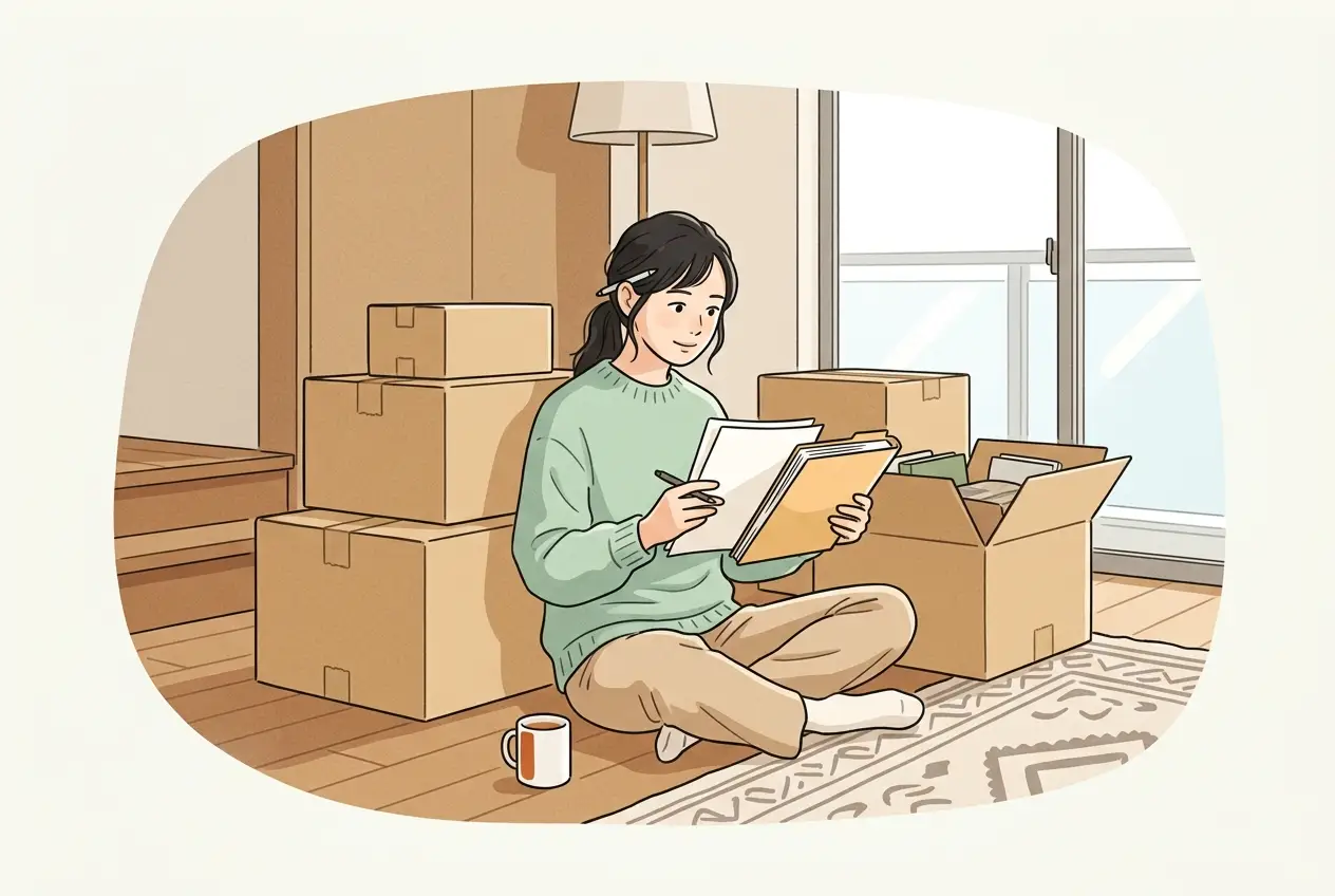 引っ越し先の部屋で、段ボールの横に座って年金と保険の書類を確かめている女性