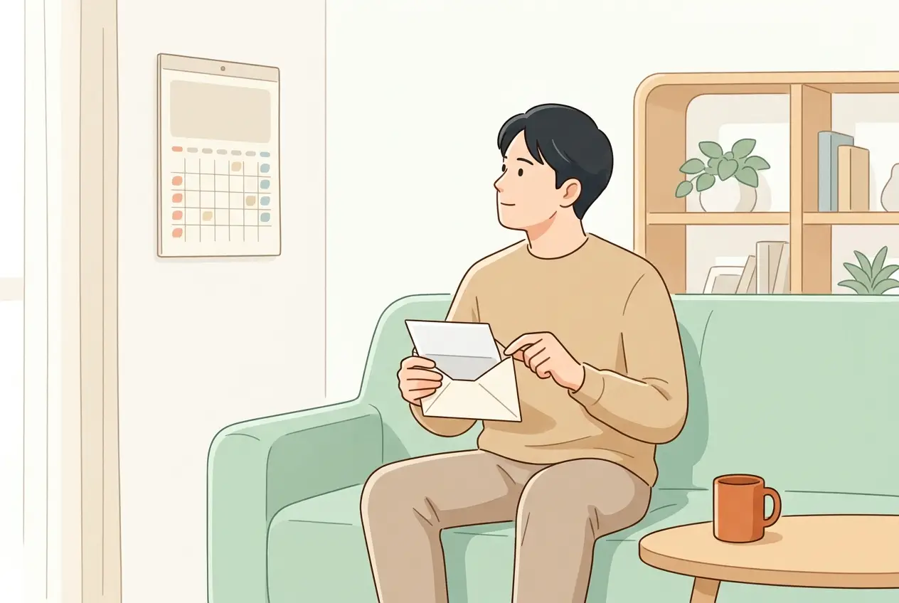 自宅のソファで給与明細の封筒を開き、壁のカレンダーを見ている30代の男性