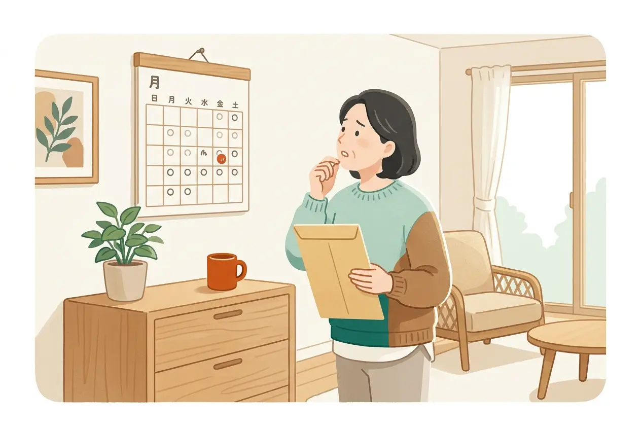 届いた離職票の封筒を持ち、壁のカレンダーを見上げて考え込んでいる50代の女性