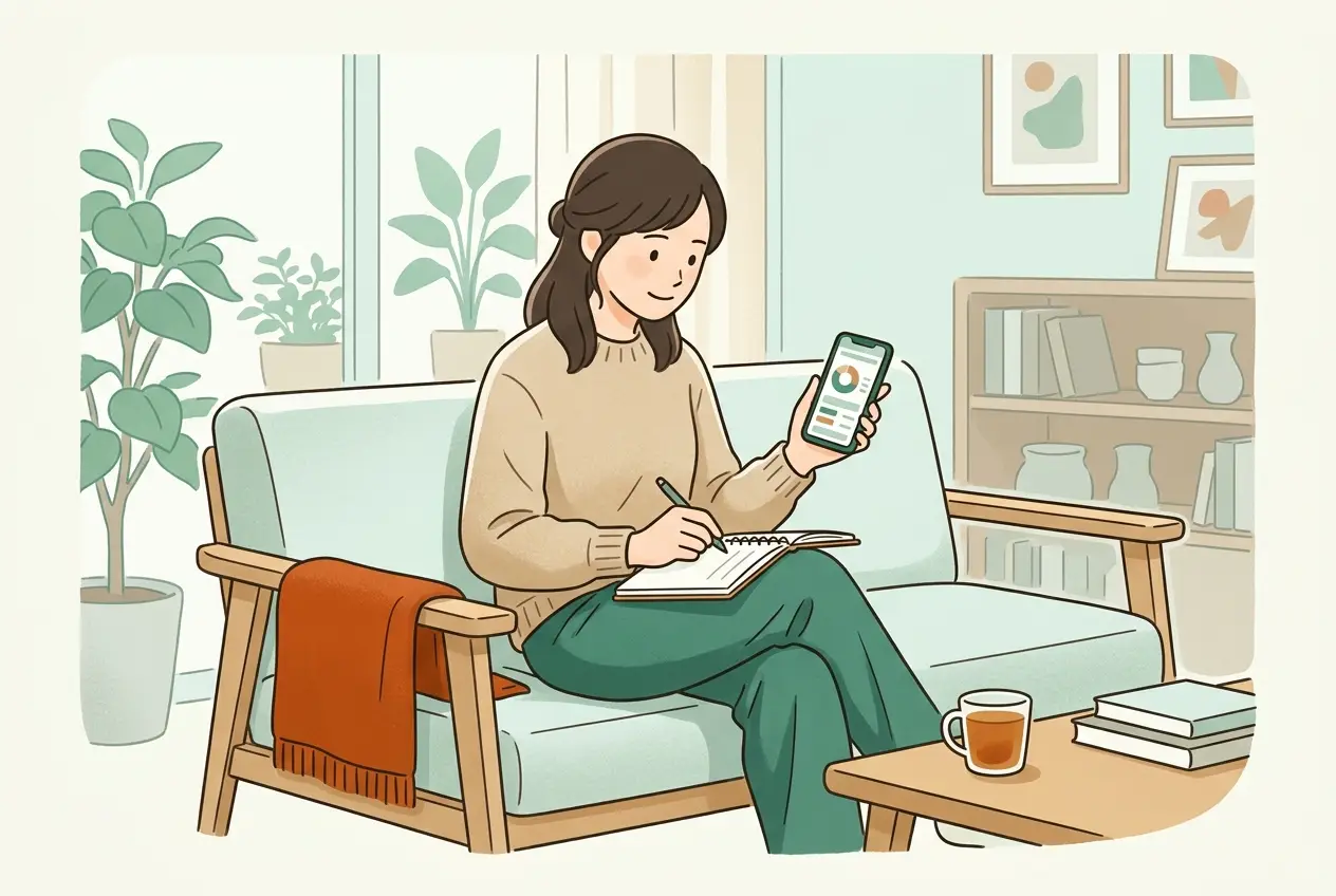 リビングのソファで家計簿アプリを開き、ノートに毎月の支出を書き出している30代の女性